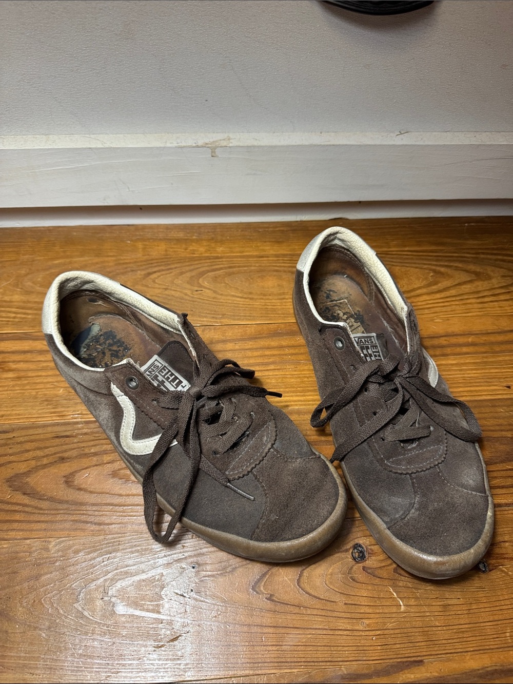 well loved and worn beat up broken in brown suede vans women’s